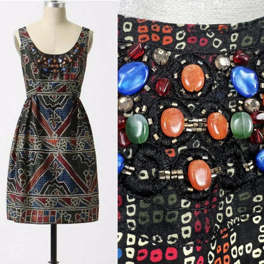 Anna Sui x Anthropologie Tesserae mosaic print beaded dress fit & flare cotton